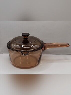 Vintage Visions Corning Amber Glass 1.5L Saucepan Pour Spout Lid V-1-C France